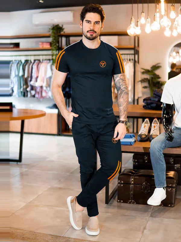 Summer Tracksuit For Men-Navy with Orange & White Stripes